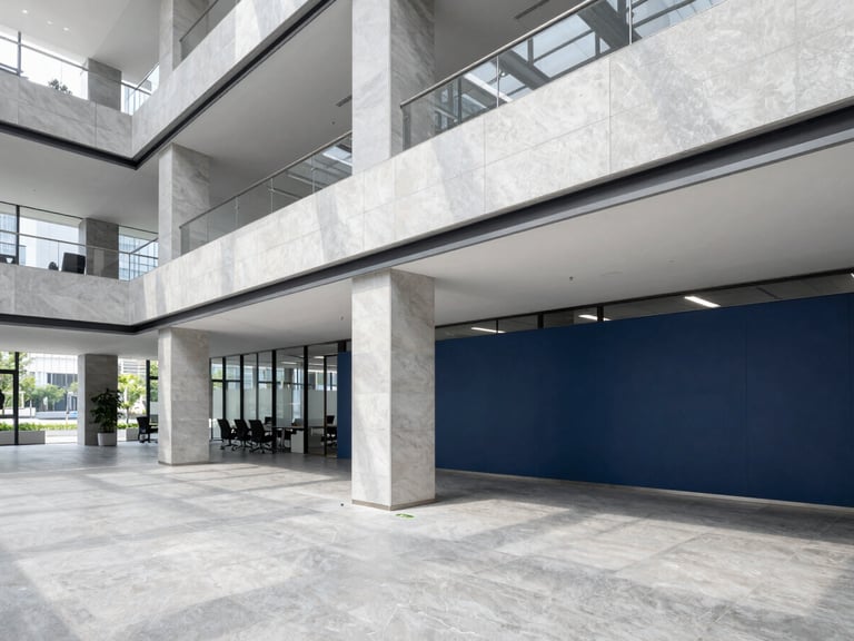 Wide shot of a modern, clean corporate office interior with structured architectural lines and cool slate tones, bright natural daylight.