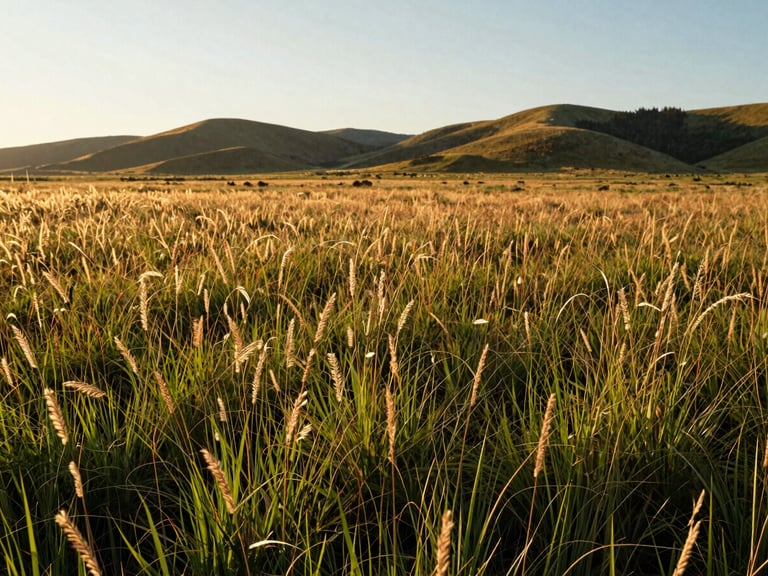 Wide-angle environmental shot of Pacific Northwest prairie landscape at golden hour, native grasses swaying, soft hills in the background, warm natural side-lighting