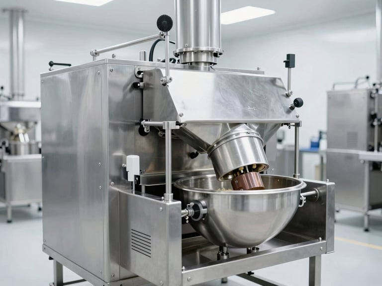 Bright industrial photography of modern stainless steel food processing production line, high-key white light, cleanroom facility, crisp details, 35mm