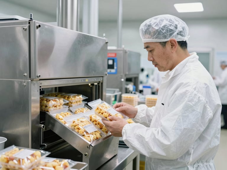 Professional quality control laboratory inside food factory, cleanroom suit staff inspecting packaged food under bright daylight, crisp details