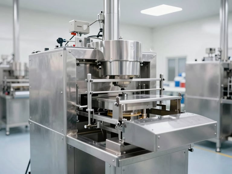Bright industrial photography of modern stainless steel automated food processing machinery, cleanroom facility, bright high-key lighting, 35mm
