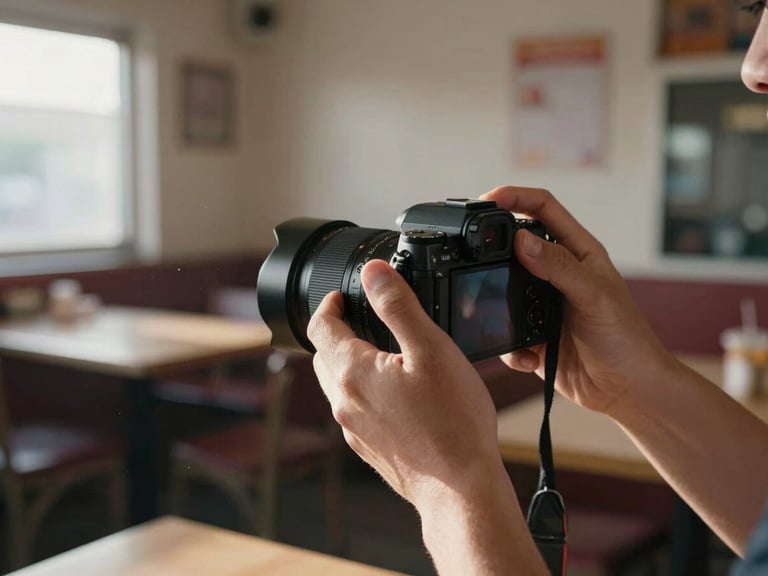 Extreme close-up of a pair of hands holding a handheld mirrorless camera at waist height inside a small restaurant, blurred prep counter visible behind, morning light from a single side window catching dust particles in the air, documentary framing — photographer mid-motion, not staged