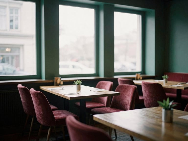 Cozy Scandinavian-style restaurant interior, empty tables waiting for guests, soft natural light streaming through large windows, matte finish.