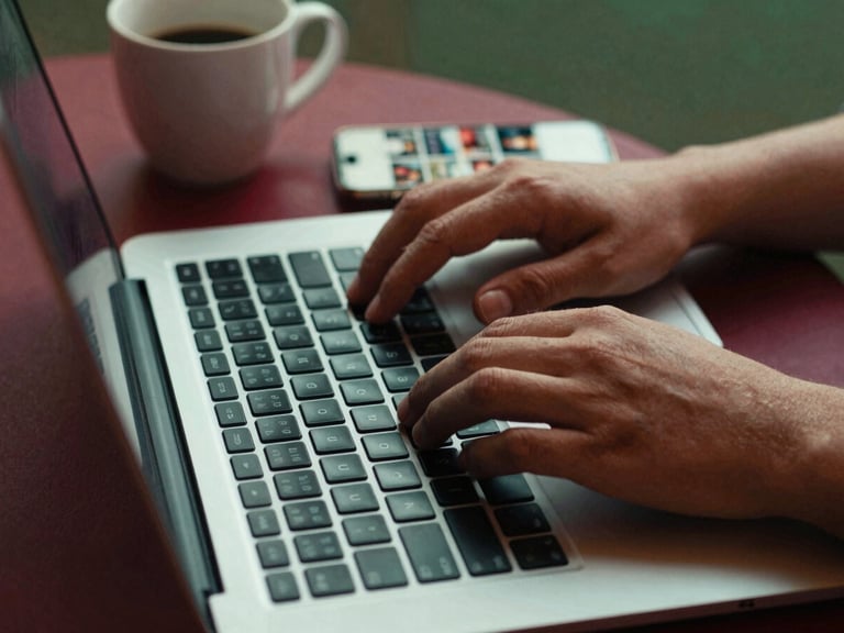 Close-up of hands typing on a laptop keyboard, with a coffee cup and a smartphone displaying social media feeds nearby, in a cozy, softly lit setting, matte finish.