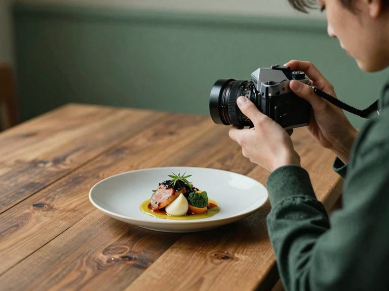 Candid shot of a photographer with a vintage 35mm camera, shooting a beautifully plated dish on a rustic wooden table, with natural light filtering in, matte finish.