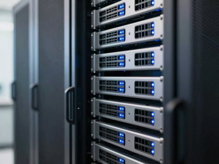 A clean rack-mounted server cabinet with blue LED indicators glowing in a cool-toned server room, shallow depth of field