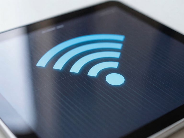 Macro shot of a modern tablet displaying a Wi-Fi signal diagnostic heatmap with strong coverage lines, bright daylight, shallow depth of field.