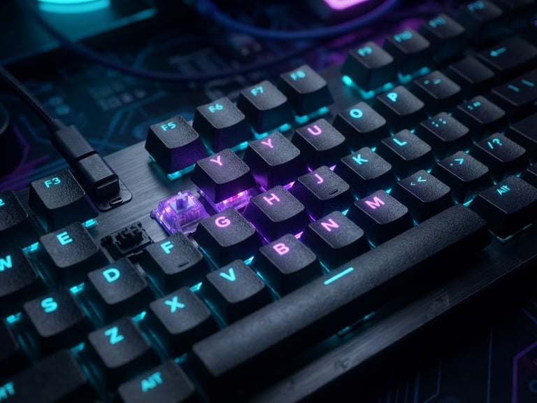 Sleek mechanical keyboard with glowing violet and cyan neon backlights, macro shot, dark cyber aesthetic