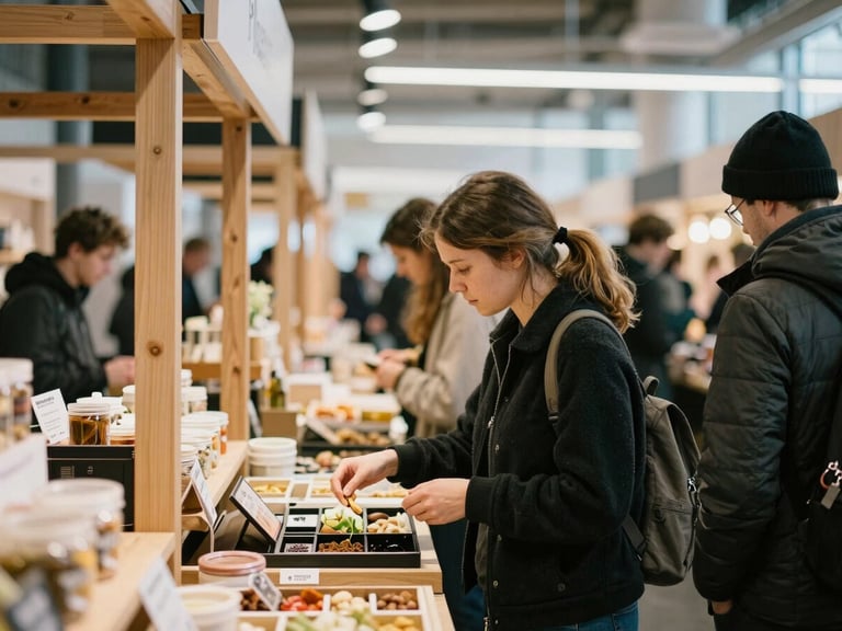 Candid mid-shot of people browsing a modern indoor food market with wooden stalls, warm natural indoor light, shallow depth of field
