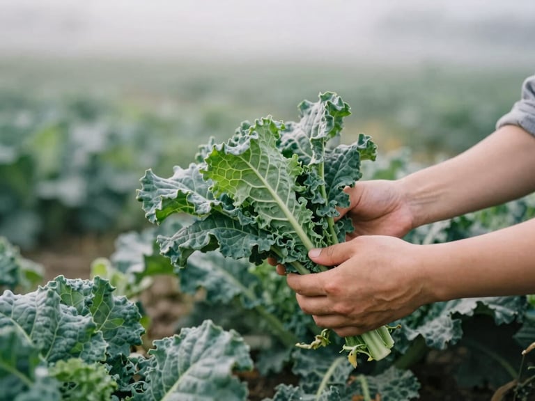 Close up of hands harvesting fresh green kale in a misty morning field, soft natural light, rich desaturated tones, 35mm film look