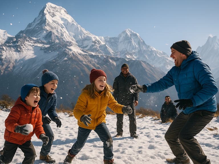 Family snowball fight with Himalayan peaks in the background.