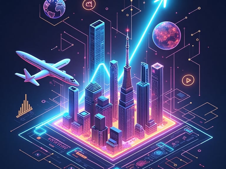 A futuristic image of skyscrapers with a plane flying overhead.