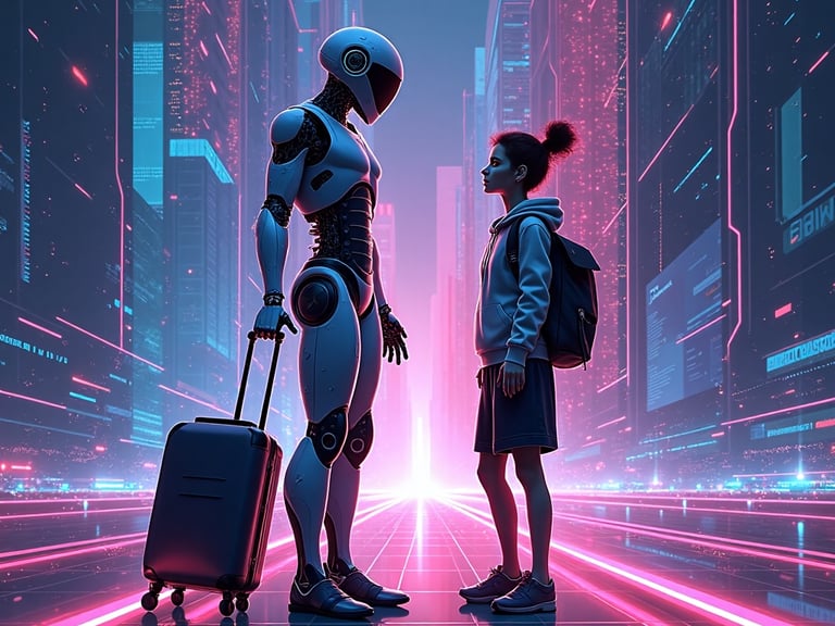 A Robot symbolising AI talking to a girl which symbolises humanity