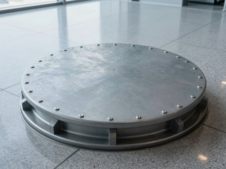Close-up of a robust expansion joint cover in a modern airport terminal floor, crisp daylight, steel gray tones, no people.