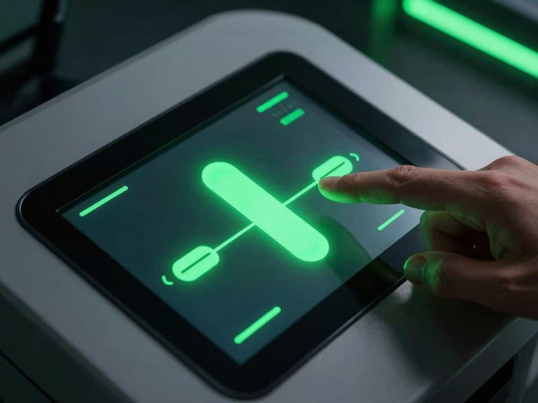 Macro shot of a sleek industrial smart kiosk screen, a hand interacting with a fluid green slider interface, dramatic shadows, neon green ambient glow, shallow depth of field.