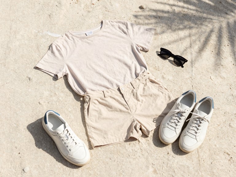 Flat lay of contemporary neutral clothing, leather sneakers, and sunglasses on a sandy concrete surface, bright island sun with soft shadows