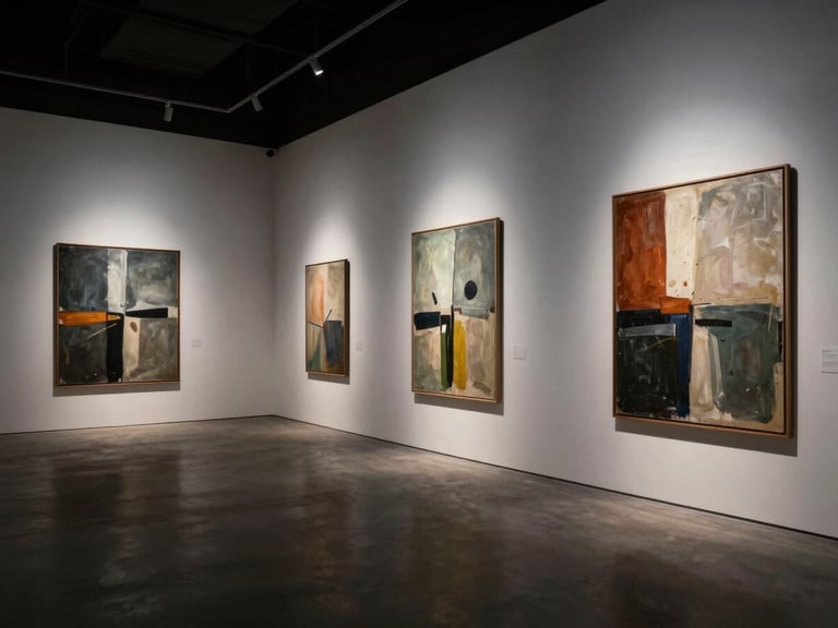 Wide-angle environmental shot of a minimalist gallery space with dramatic spotlighting, showcasing large abstract paintings on white walls, deep shadows