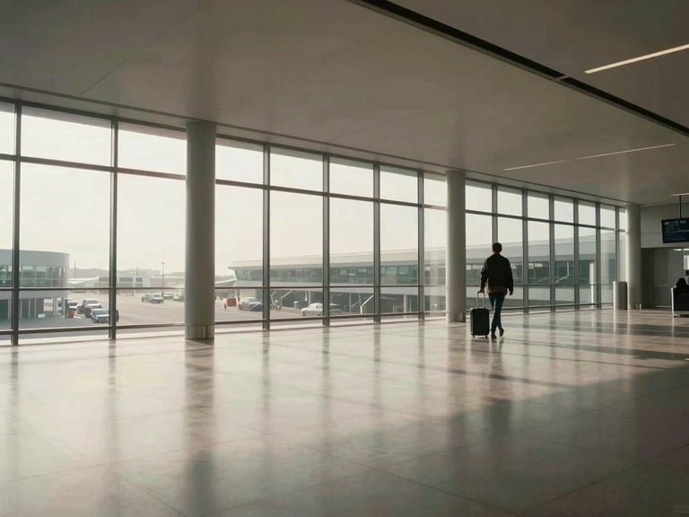 Wide shot of a calm, minimalist airport terminal corridor with soft morning light streaming through large windows, a single traveler walking with a carry-on suitcase in the background, generous negative space.