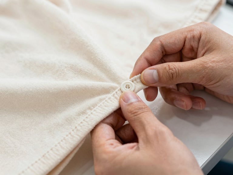 Close-up of a clean factory inspection station, a technician testing the pull strength of a children's garment snap fastener under bright daylight, 35mm