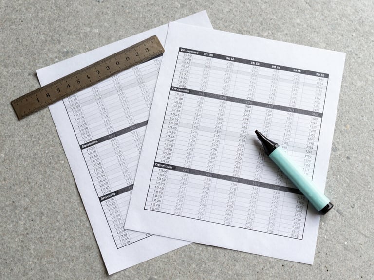 Overhead flat-lay of printed financial diagnostic reports, a ruler and a highlighter resting on the pages, clean stone-gray desk surface, cool north-facing light, sharp focus on numbers