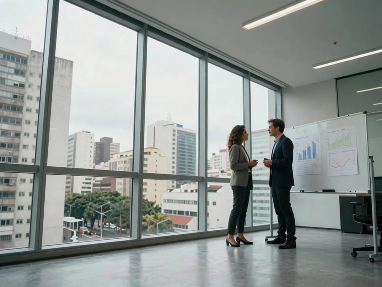 Wide-angle shot of a São Paulo office floor from a low angle, floor-to-ceiling windows with city buildings behind, two professionals standing at a whiteboard with financial charts, cool daylight, no posed smiles