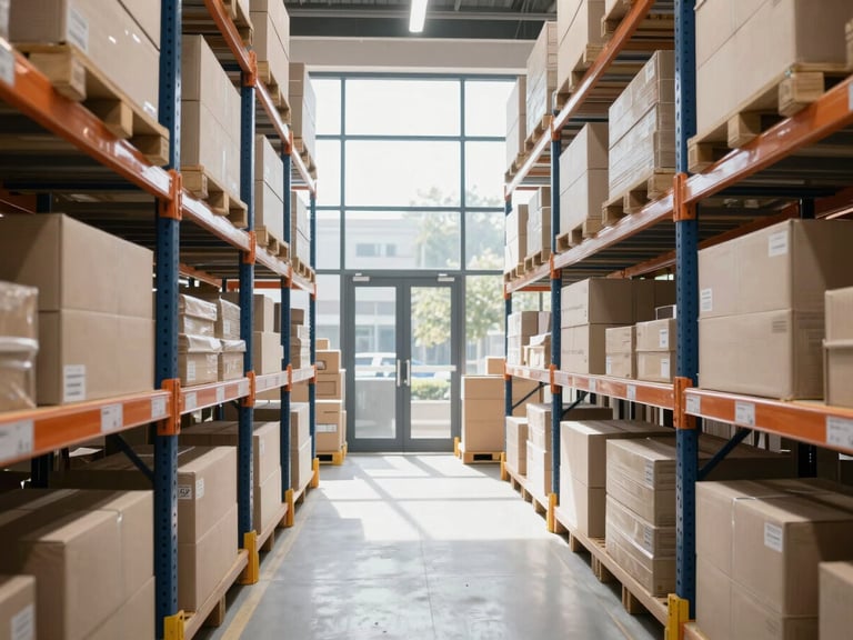 Organized warehouse interior with high shelves stacked with packages, clear aisles, natural light streaming from large windows, professional corporate photography, bright natural daylight, deep navy and cream tones, sharp focus, 35mm lens