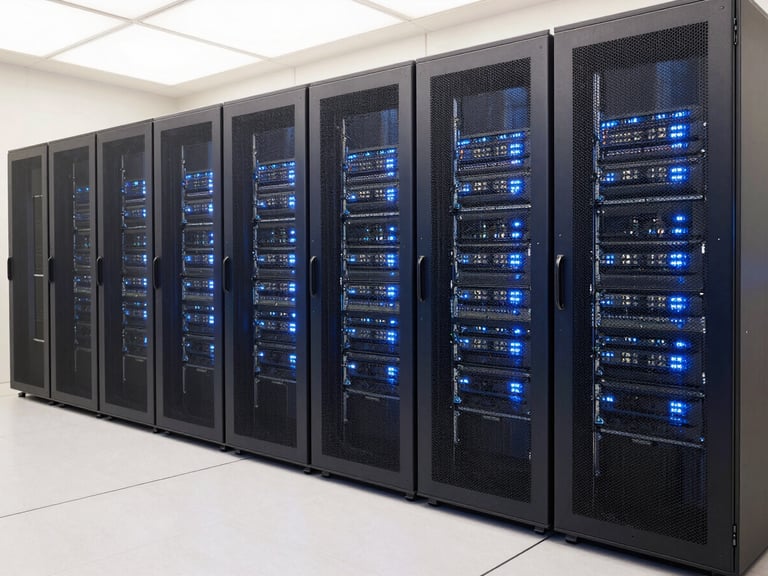 Wide shot of a modern data center with rows of servers, glowing blue and white lights, clean lines, professional corporate photography, bright natural daylight, deep navy and cream tones, sharp focus, 35mm lens
