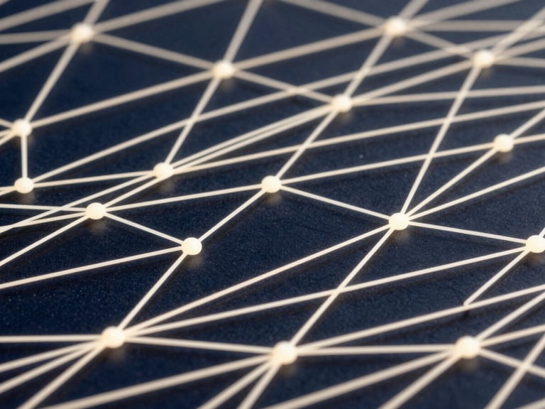Abstract digital security concept with glowing network lines over a dark background, representing secure data flow, professional corporate photography, bright natural daylight, deep navy and cream tones, sharp focus, 35mm lens
