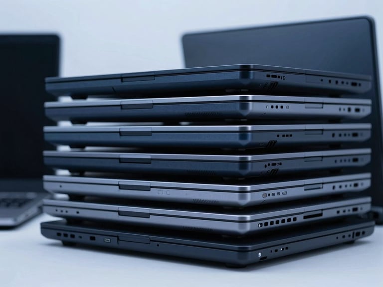Clean, organized stack of enterprise laptops in a secure, cool-lit studio environment, deep slate tones, macro focus, 35mm