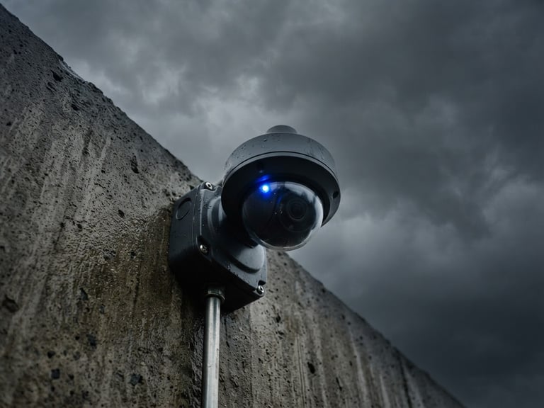 Low-angle shot of a high-end dome IP camera mounted on a clean concrete wall under a misty, overcast Valdivian sky, sharp electric blue LED indicator glow, high-contrast technology photography, 35mm