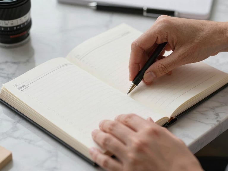 Macro close-up of hands organizing high-quality linen paper planners on a clean marble desk, soft diffused natural daylight.