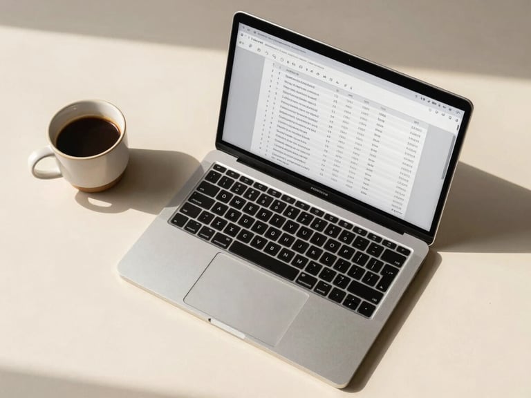 Overhead flat-lay of a minimalist workspace, a sleek laptop showing a structured database, a ceramic cup of coffee, soft morning shadows on a warm cream surface.