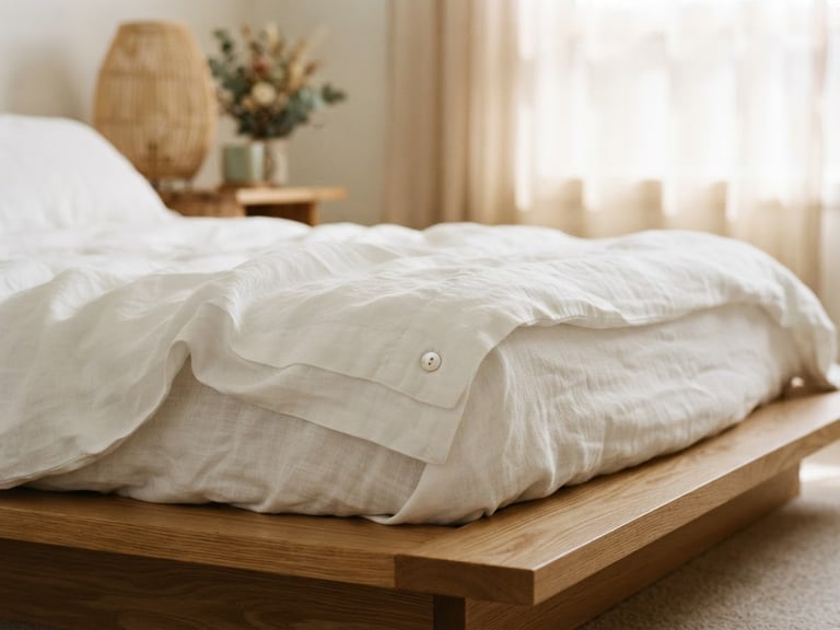 Close-up of crisp white organic linen details on a low wooden bed platform, soft morning window light, shallow depth of field, warm editorial photography.