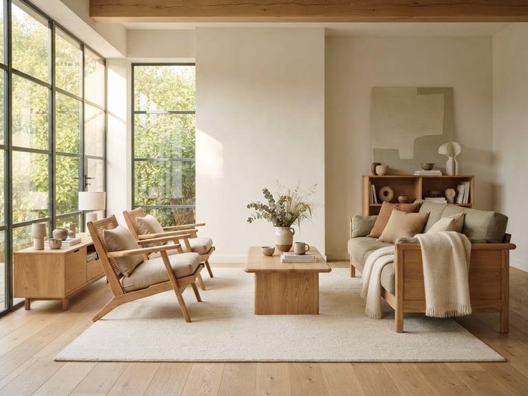 Wide breathing-room shot of a sun-drenched minimalist living room, clean lines, oak wood grain furniture, soft textiles in muted earth tones, warm editorial photography.