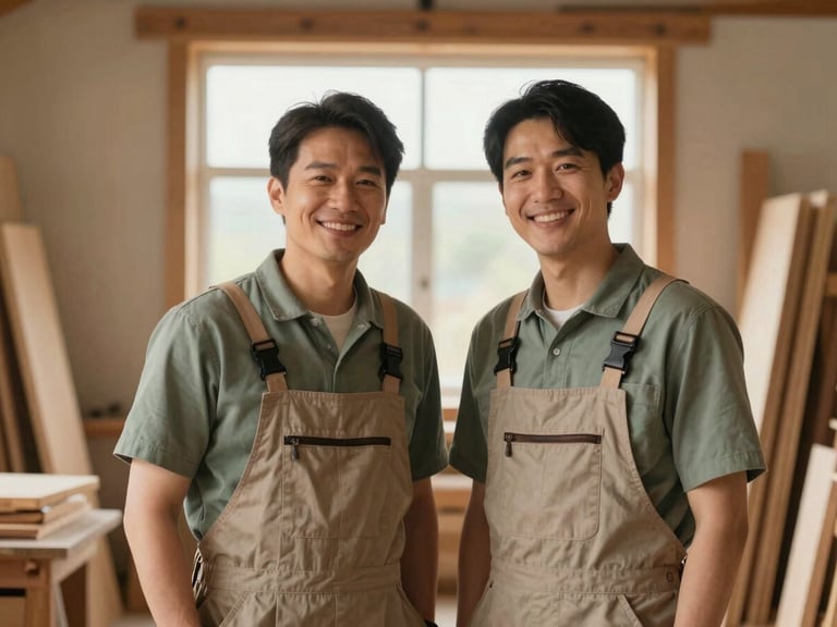 A warm portrait of two property stewards standing in a sun-drenched timber workshop, surrounded by natural wood grains and soft morning light, smiling warmly, editorial style.