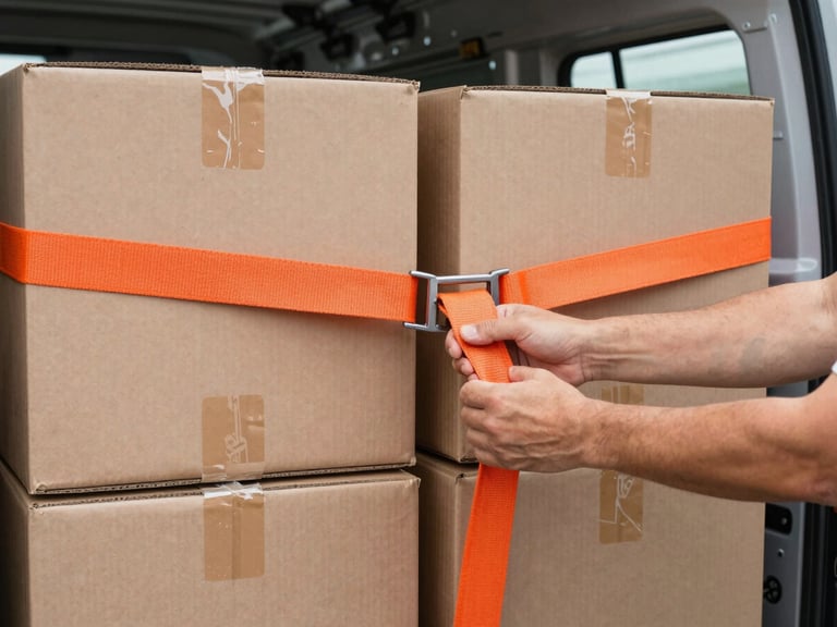 Close-up of hands securing heavy-duty safety orange tie-downs over a neat stack of boxes in a cargo van. Bright, natural outdoor daylight, slightly overcast, sharp 35mm photography.