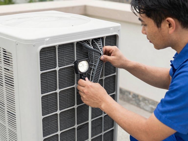 HVAC technician performing preventative maintenance on an indoor air handler unit, checking filters and connections, bright utility work lights.