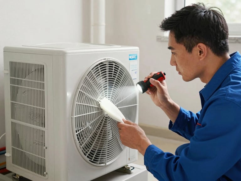 HVAC technician inspecting an indoor furnace unit in a residential basement, using a flashlight and tools, clean and professional work environment.