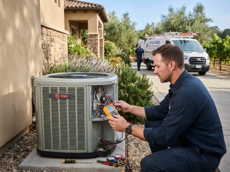 HVAC technician diagnosing a modern outdoor AC unit in a sunny Vineyard residential driveway, service truck visible in background, hands-on action shot.