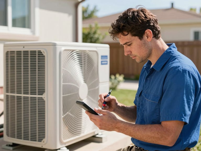 HVAC technician diagnosing a modern outdoor air conditioning unit in a residential backyard under bright Utah daylight, focused on hands and diagnostic tools.