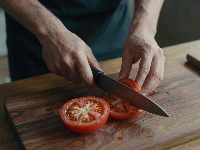 A top-down 35mm film shot of a chef's hands slicing heirloom tomatoes on a dark wooden board, soft Scandinavian side daylight, deep shadows.