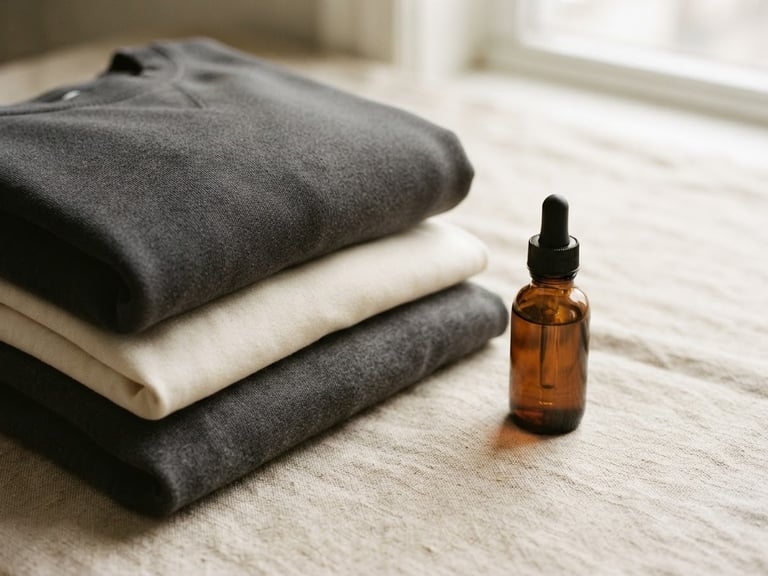 Close-up of a stack of heavyweight organic cotton garments, neatly folded, beside an amber glass dropper bottle of hair oil, all on a raw linen surface under soft diffused daylight, desaturated charcoal and warm cream tones, medium format film.