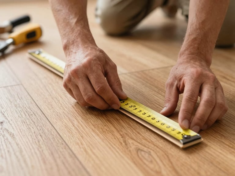 Close-up of a master carpenter measuring and laying an engineered oak floor plank, hands visible with traditional tools, soft natural light, detailed wood texture