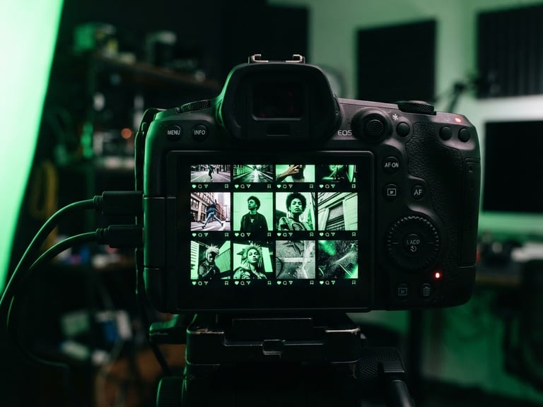 Close-up of a professional camera screen displaying a high-contrast social media feed mockup, vibrant electric green gel lighting, dark studio background, 35mm.