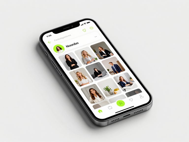 Sharp mockup of social media feeds on a modern mobile screen, clean studio lighting, subtle green accents, professional creative workspace