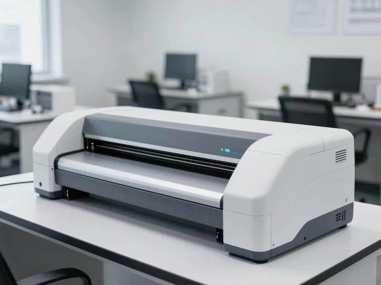 Wide angle clean corporate photography of a high-speed production document scanner operating in a bright, neutral daylight office environment, sharp focus, 35mm