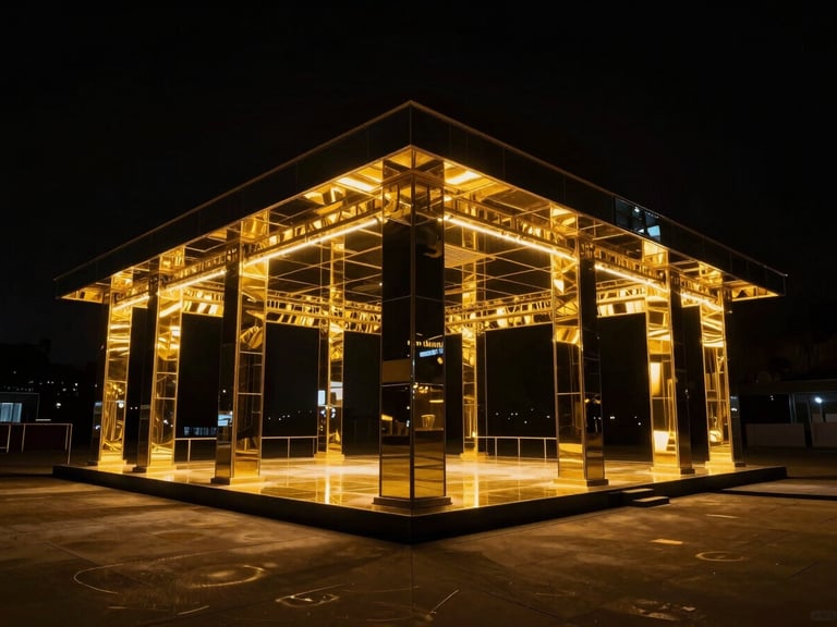 A futuristic mirrored pavilion reflecting dramatic gold LED stage lighting in a dark room, high-contrast architectural photography, wide angle