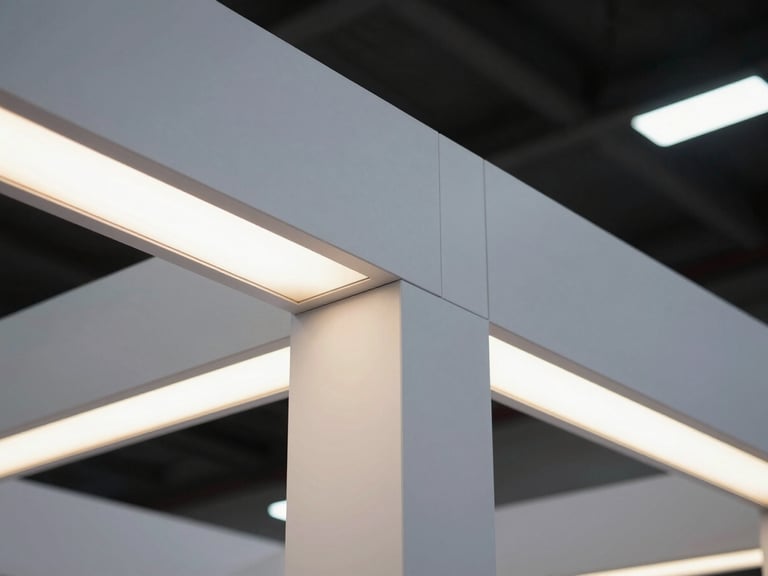 A close-up of pristine fabrication details on a custom exhibition stall, showcasing seamless joints and glowing LED panels under crisp architectural lighting