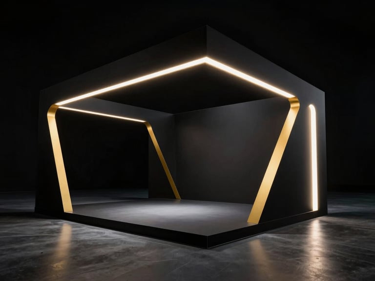Sleek monolithic black exhibition stand with gold accents, sharp architectural angles, and dramatic spotlighting.