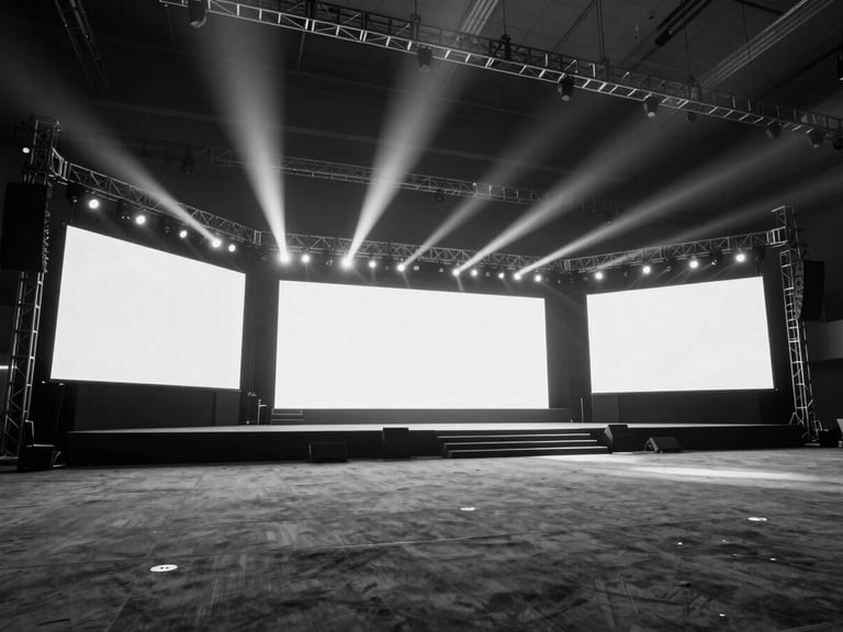Stark black and white architectural photograph of a massive, empty corporate event stage with geometric LED screens and clean truss structures, dramatic spotlight beams cutting through low haze, ultra-wide angle view.